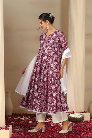 Women’s Cotton Flared Anarkali Kurta Set with Pants & Dupatta