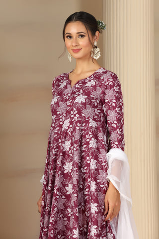 Women’s Cotton Flared Anarkali Kurta Set with Pants & Dupatta