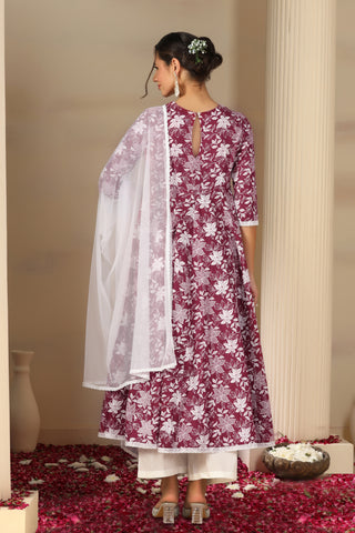 Women’s Cotton Flared Anarkali Kurta Set with Pants & Dupatta