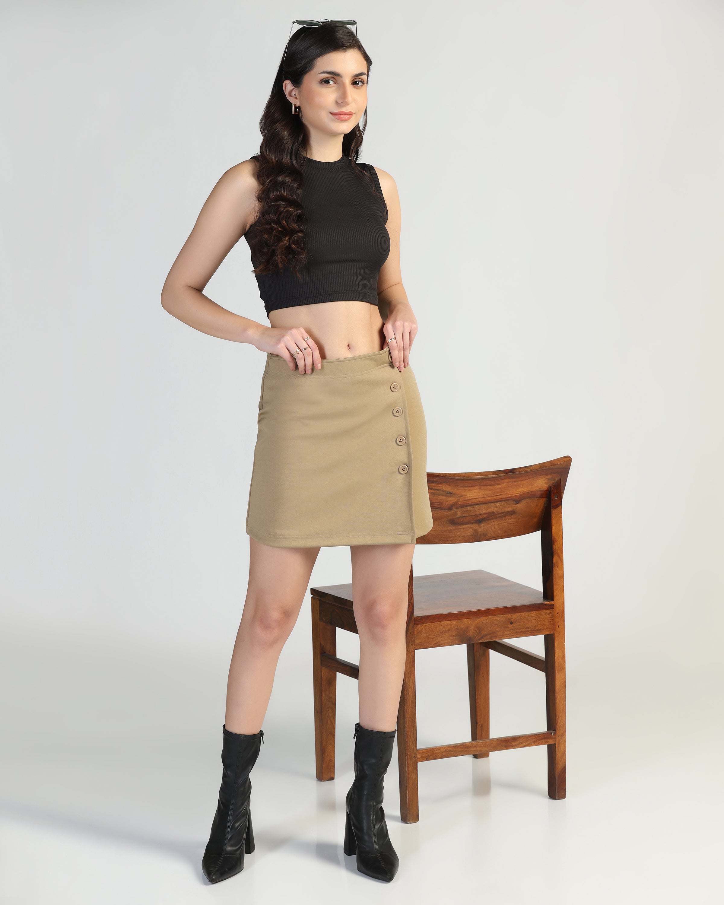 Women Solid Asymmetric Mini Skirt