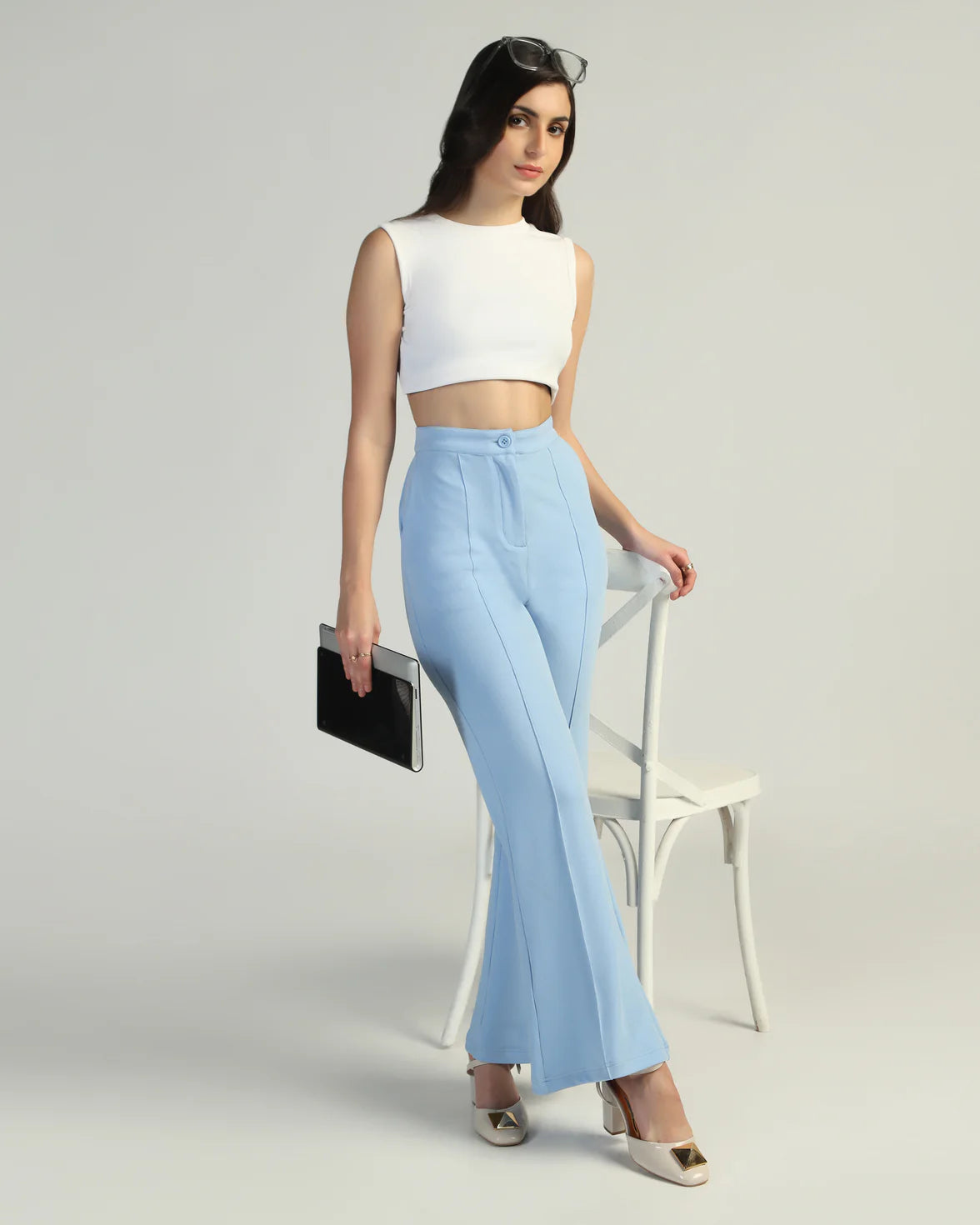 Women High-Rise Pleated Bootcut Trousers