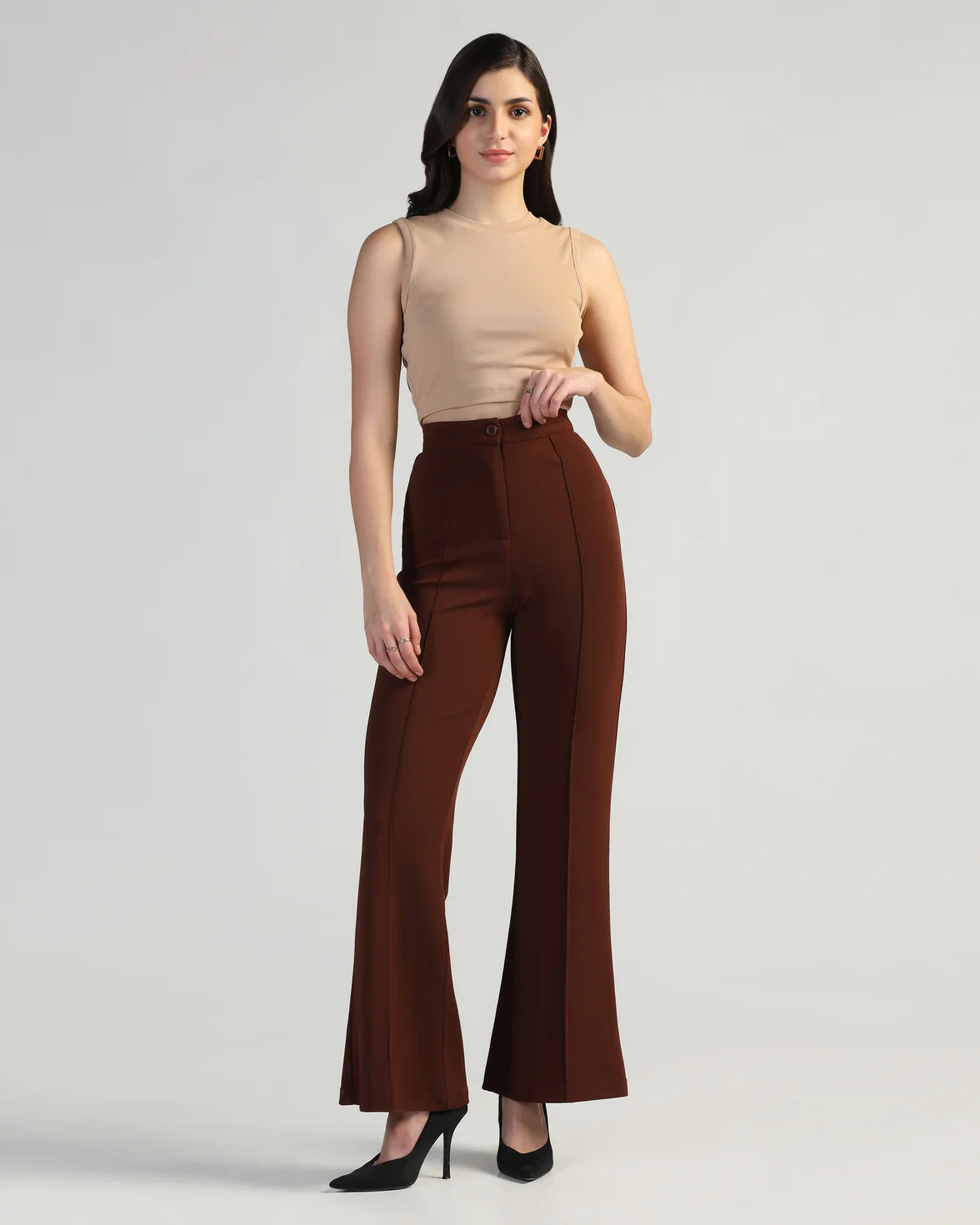 Women High-Rise Pleated Bootcut Trousers
