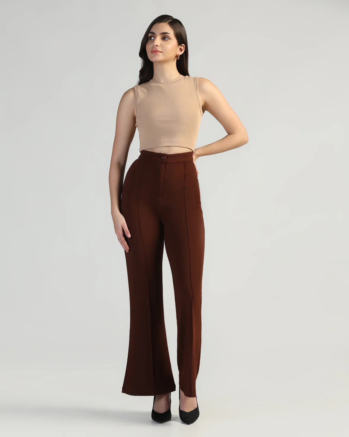 Women High-Rise Pleated Bootcut Trousers