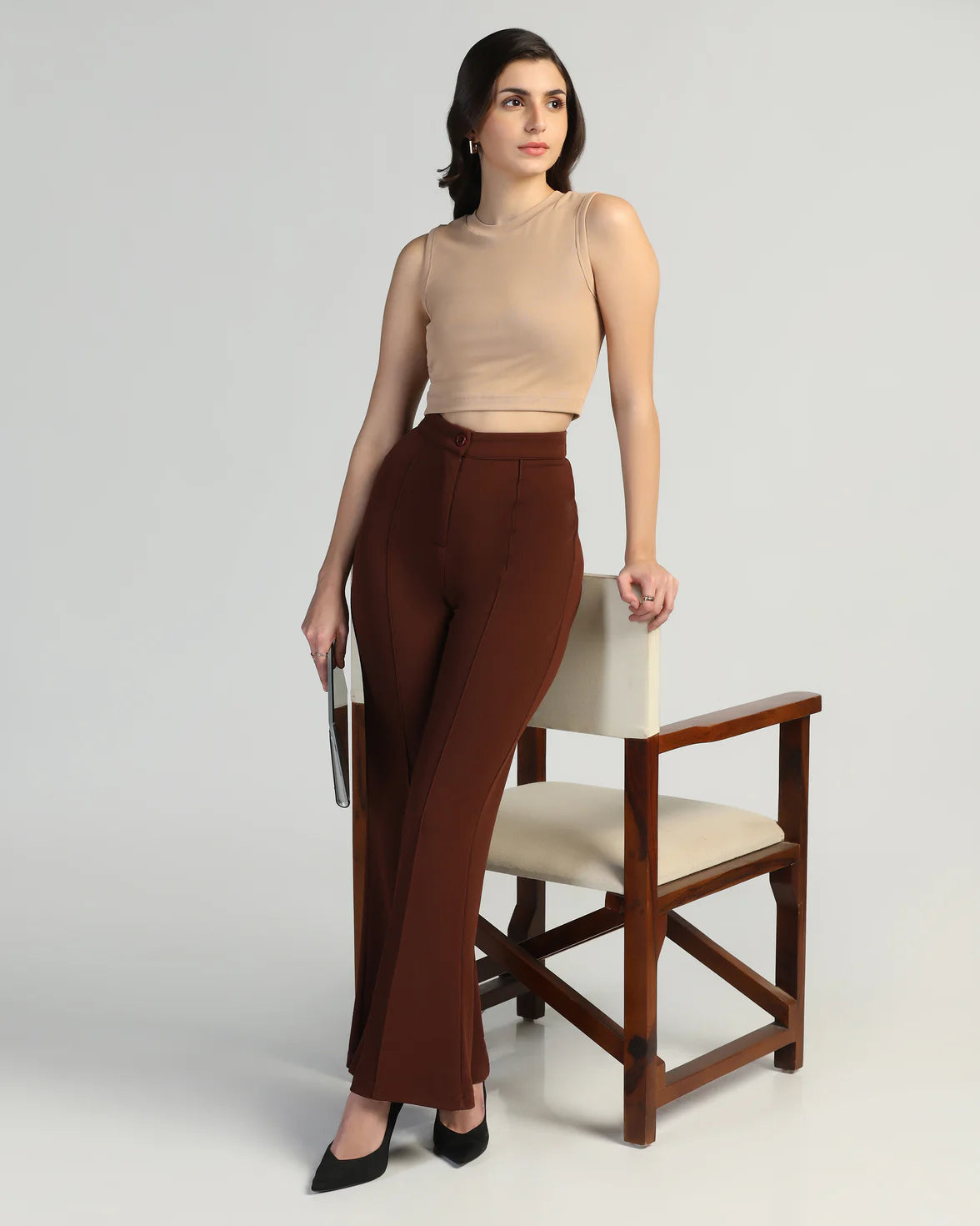 Women High-Rise Pleated Bootcut Trousers