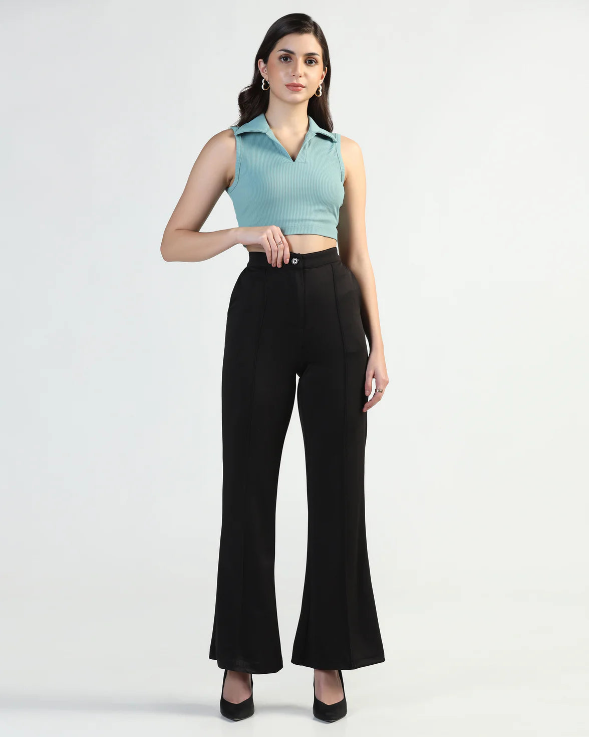 Women High-Rise Pleated Bootcut Trousers