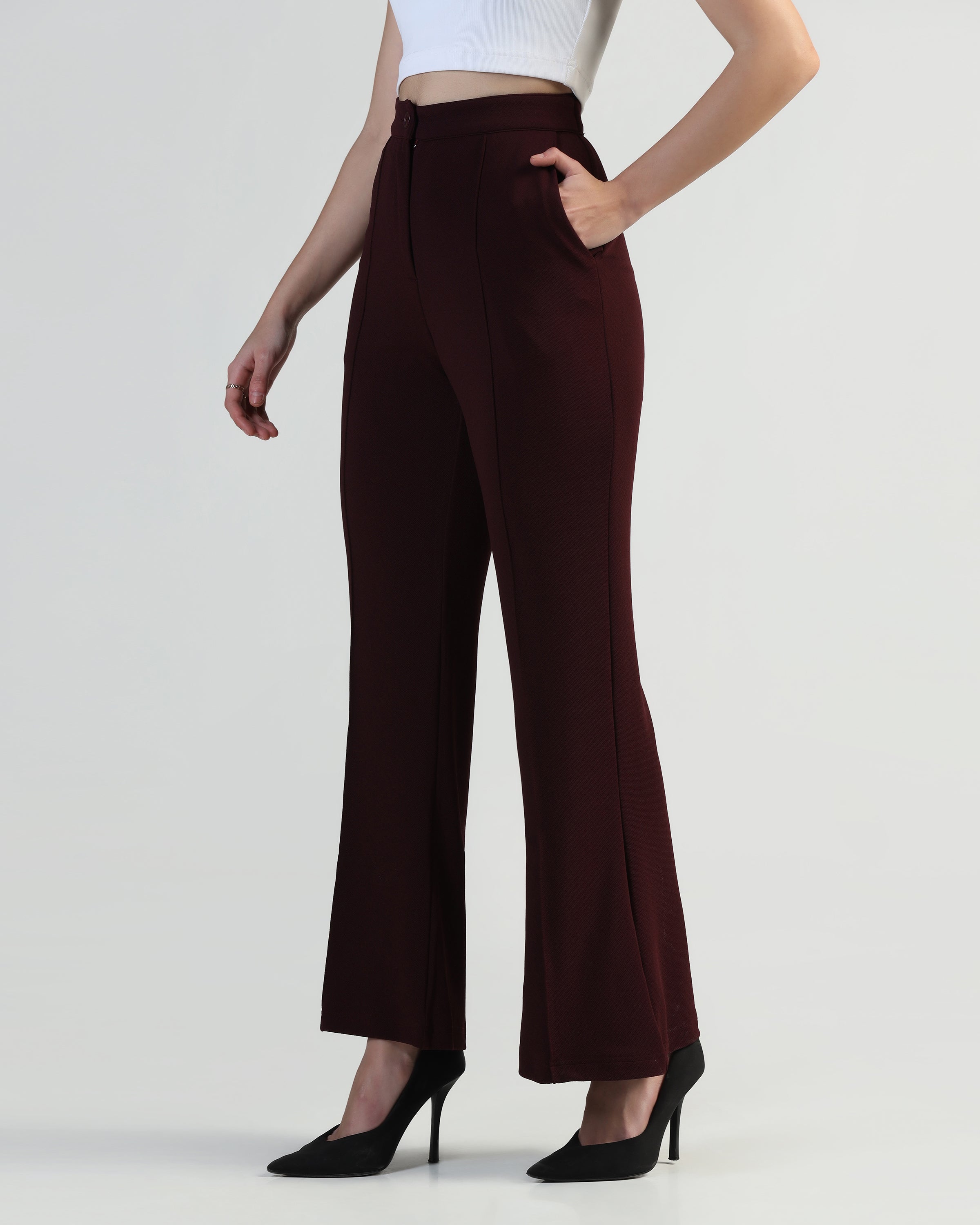 Women High-Rise Pleated Bootcut Trousers