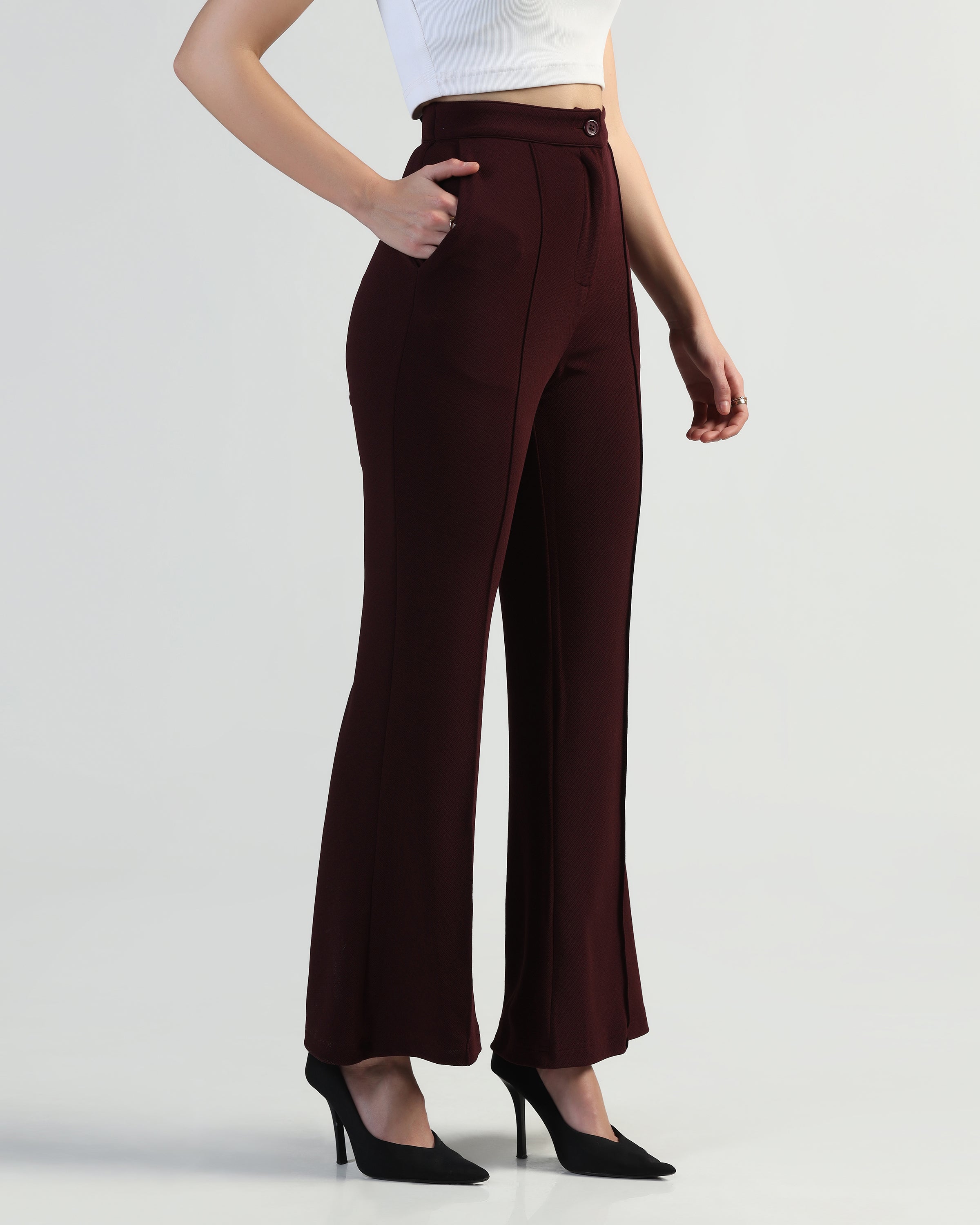 Women High-Rise Pleated Bootcut Trousers