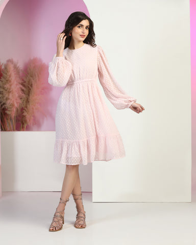 Women Jacquard Georgette Woven Fit & Flared Mini Dress