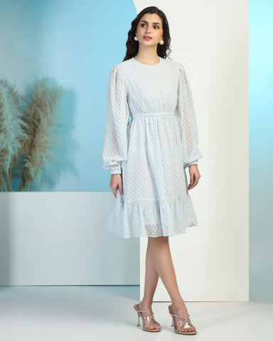Women Jacquard Georgette Woven Fit & Flared Mini Dress