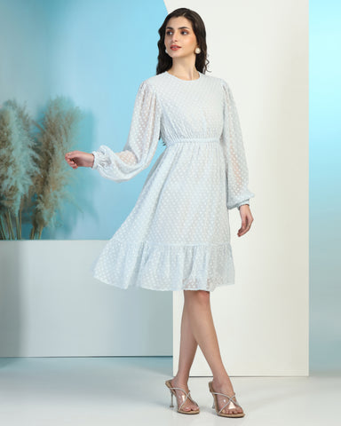 Women Jacquard Georgette Woven Fit & Flared Mini Dress