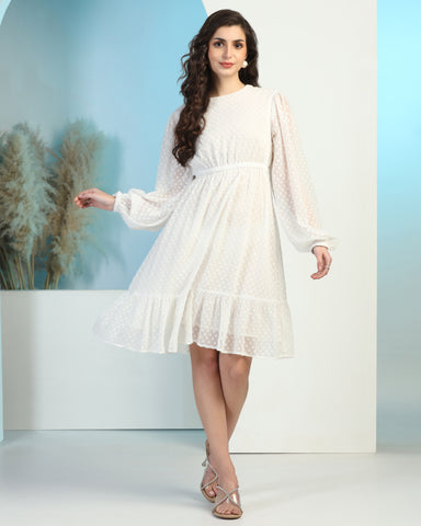 Women Jacquard Georgette Woven Fit & Flared Mini Dress
