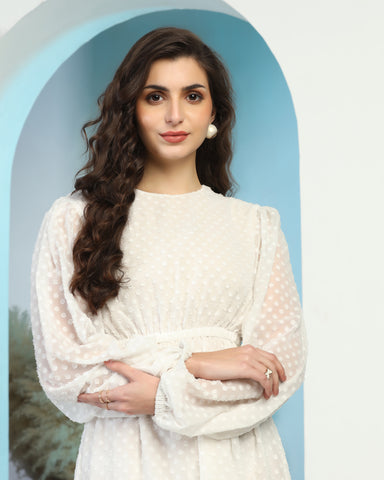 Women Jacquard Georgette Woven Fit & Flared Mini Dress