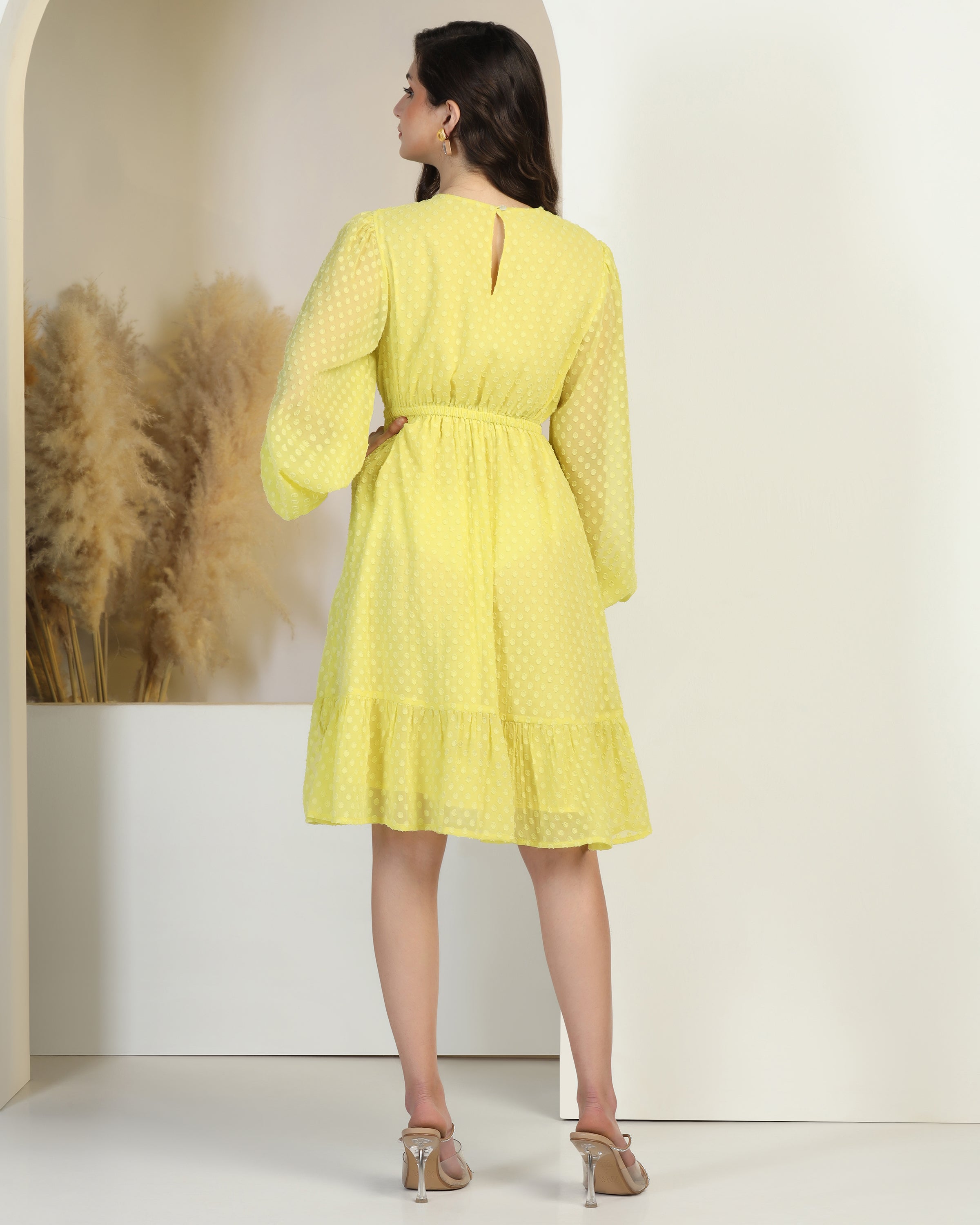 Women Jacquard Georgette Woven Fit & Flared Mini Dress