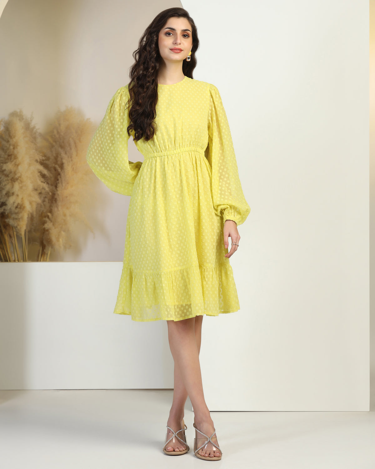 Women Jacquard Georgette Woven Fit & Flared Mini Dress