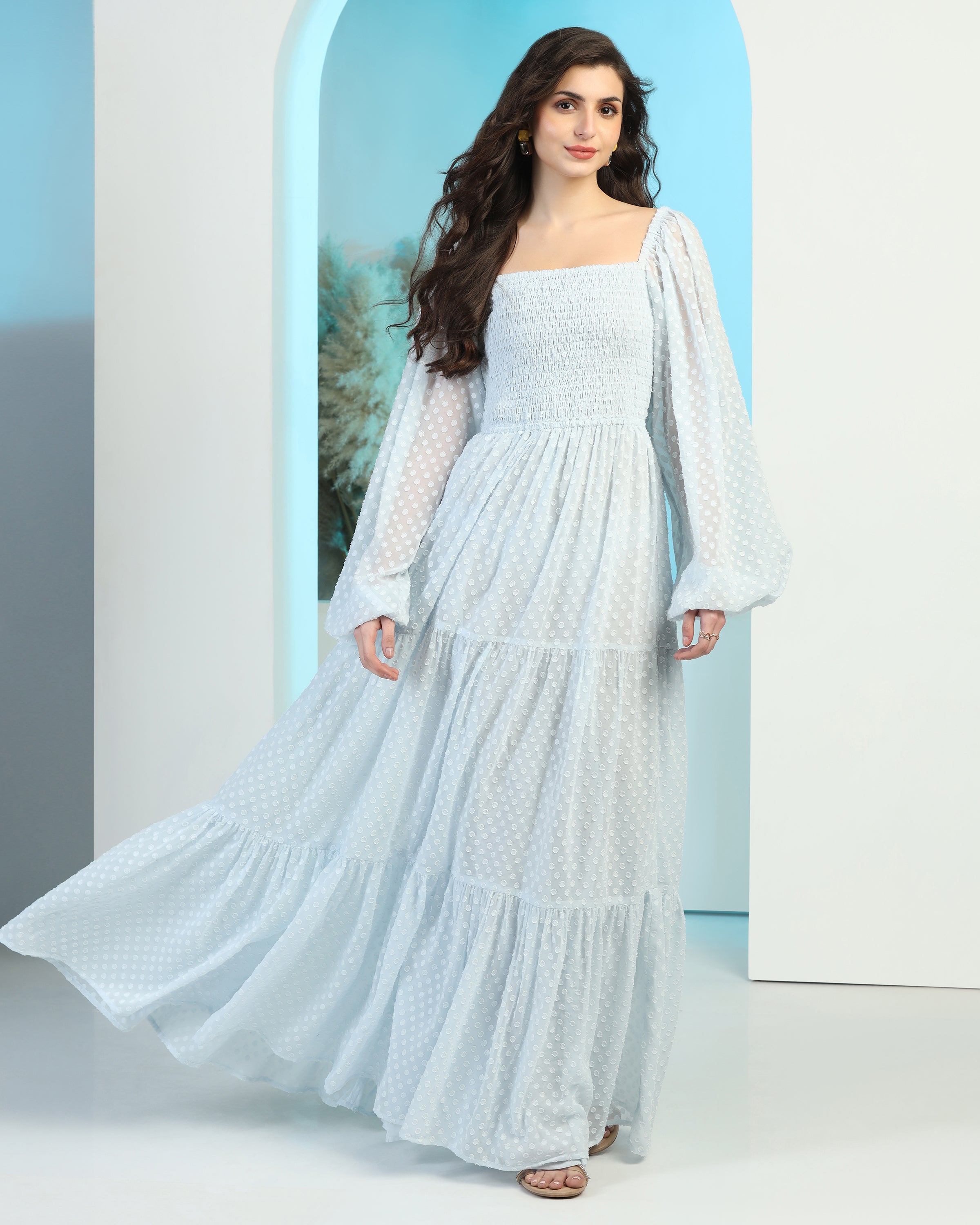 Women's Jacquard Smocked Fit & Flare Maxi Dress