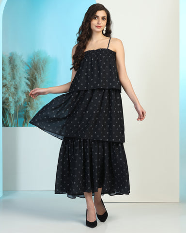 Floral Printed Shoulder Straps Gathered Tiered Maxi Dress