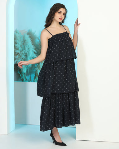 Floral Printed Shoulder Straps Gathered Tiered Maxi Dress