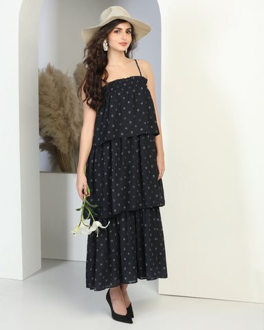 Floral Printed Shoulder Straps Gathered Tiered Maxi Dress