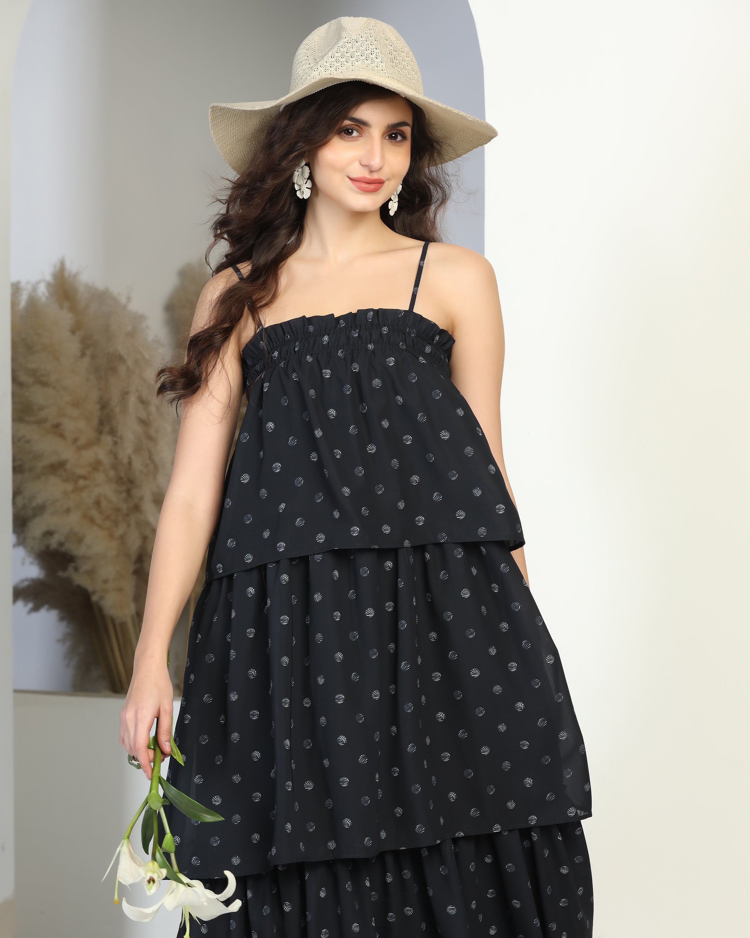 Floral Printed Shoulder Straps Gathered Tiered Maxi Dress