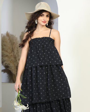 Floral Printed Shoulder Straps Gathered Tiered Maxi Dress
