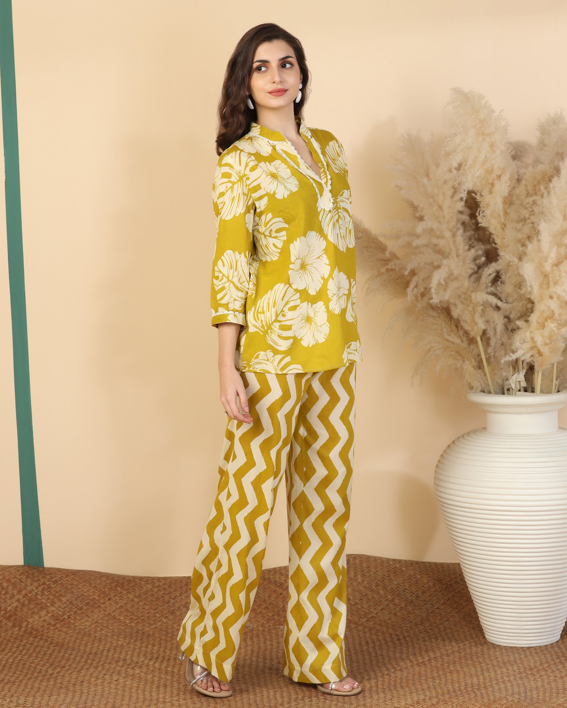 Floral Printed V Neck Pure Cotton Top With Palazzo