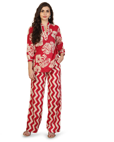 Floral Printed V Neck Pure Cotton Top With Palazzo
