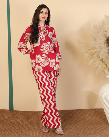 Floral Printed V Neck Pure Cotton Top With Palazzo