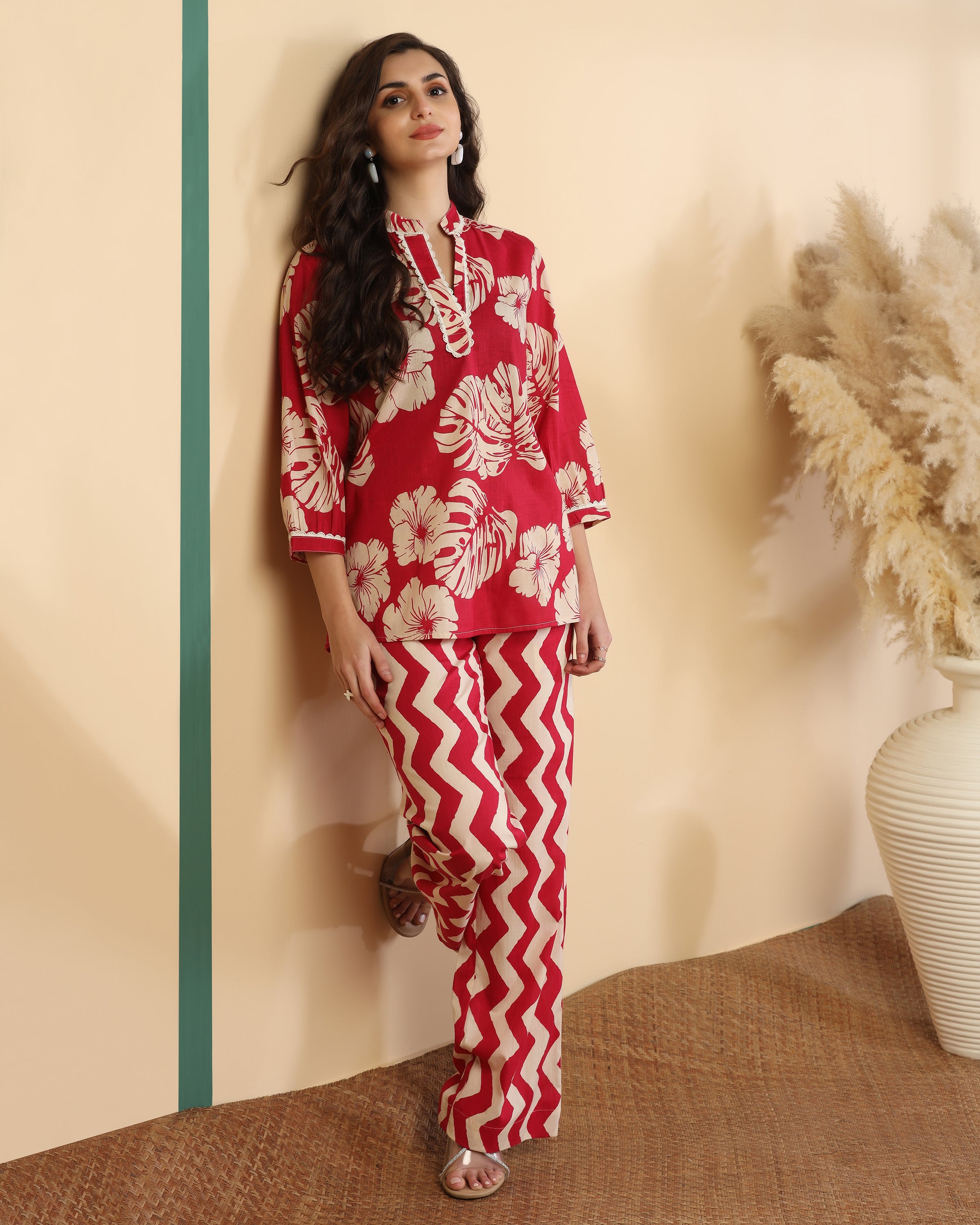 Floral Printed V Neck Pure Cotton Top With Palazzo