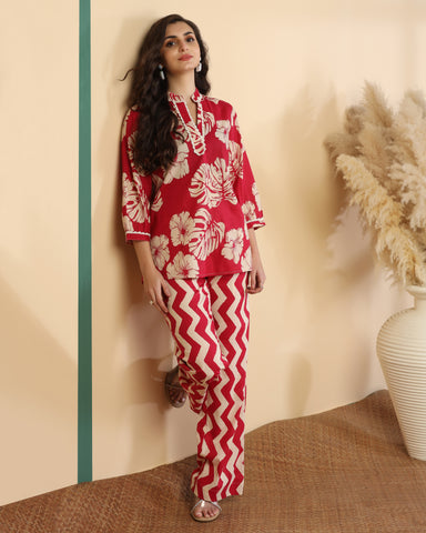 Floral Printed V Neck Pure Cotton Top With Palazzo