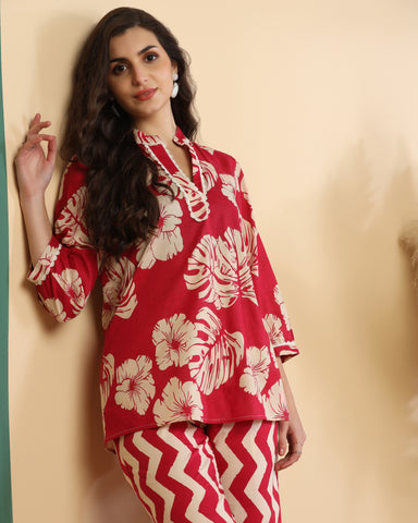 Floral Printed V Neck Pure Cotton Top With Palazzo