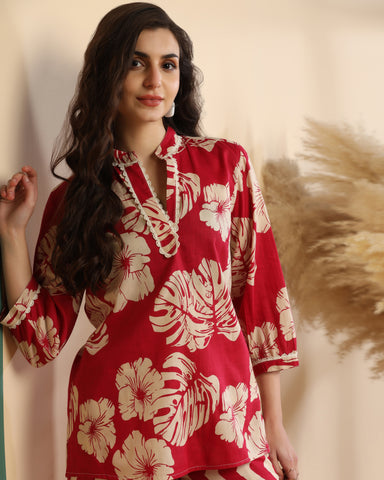 Floral Printed V Neck Pure Cotton Top With Palazzo