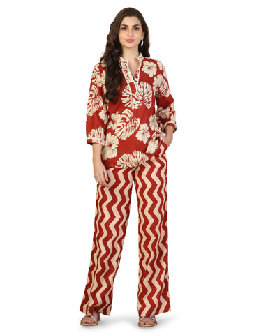 Floral Printed V Neck Pure Cotton Top With Palazzo