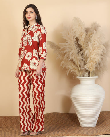 Floral Printed V Neck Pure Cotton Top With Palazzo