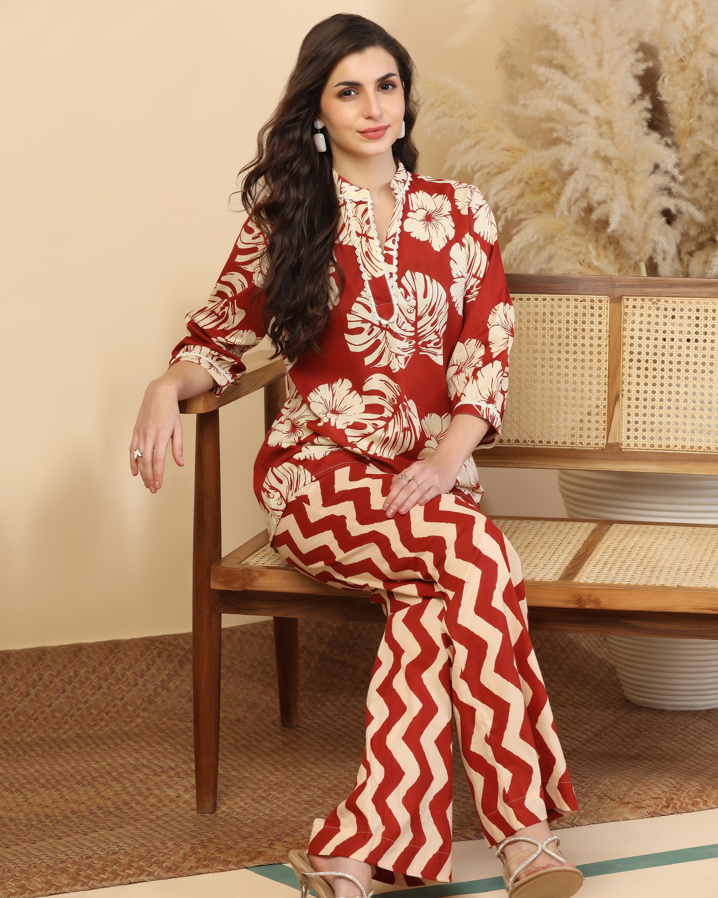 Floral Printed V Neck Pure Cotton Top With Palazzo