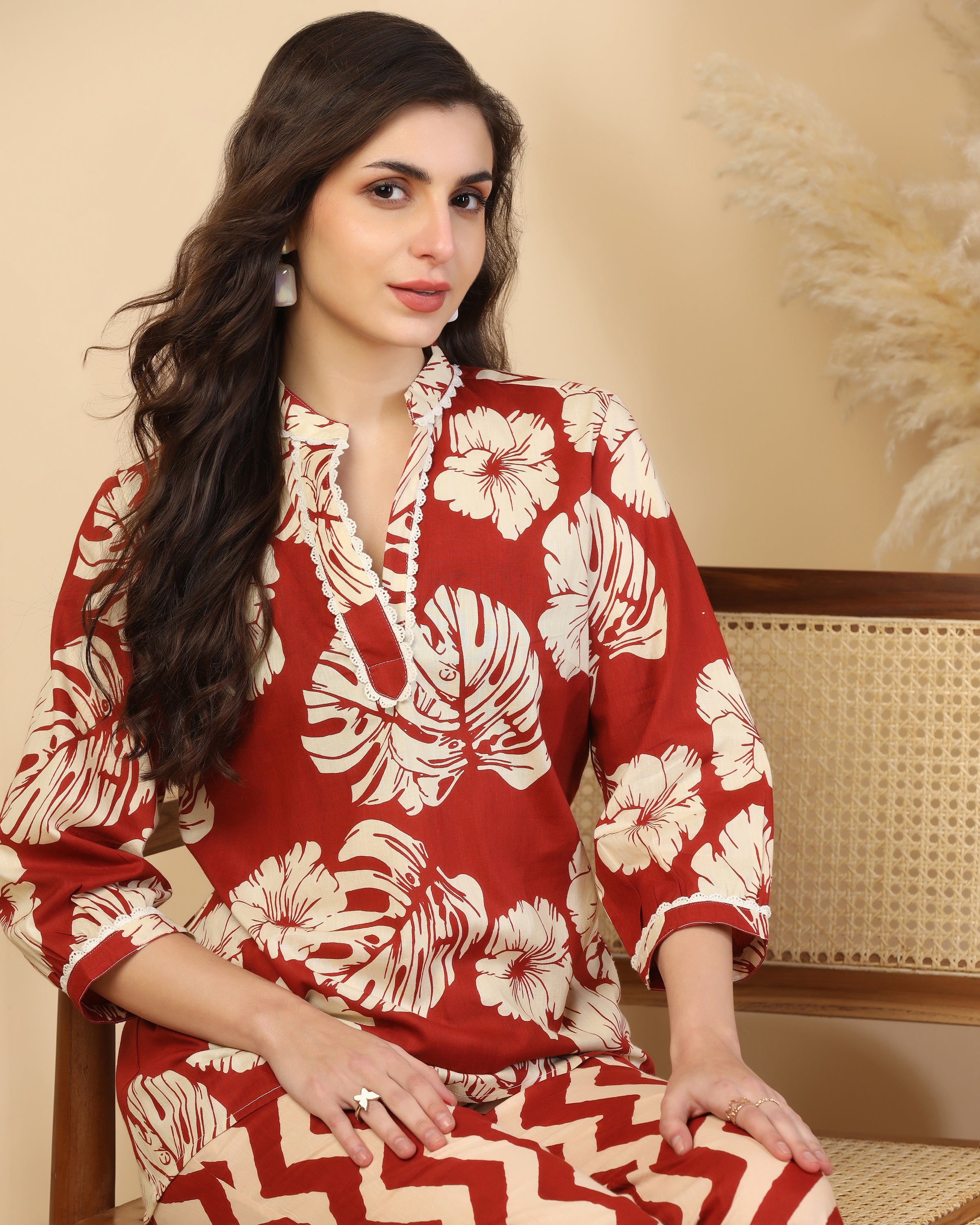 Floral Printed V Neck Pure Cotton Top With Palazzo