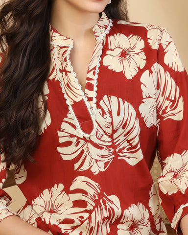 Floral Printed V Neck Pure Cotton Top With Palazzo