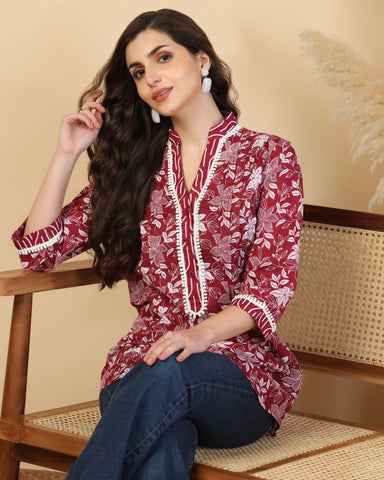 Women Floral Print Pure Cotton Straight Top