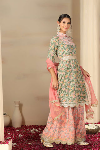 Women’s Cotton Printed Kurta Set with Sharara & Dupatta