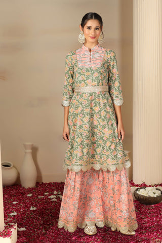 Women’s Cotton Printed Kurta Set with Sharara & Dupatta