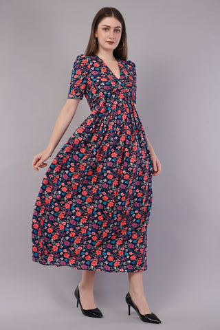 Women Floral Print Fit & Flare Dress with Cut-Outs