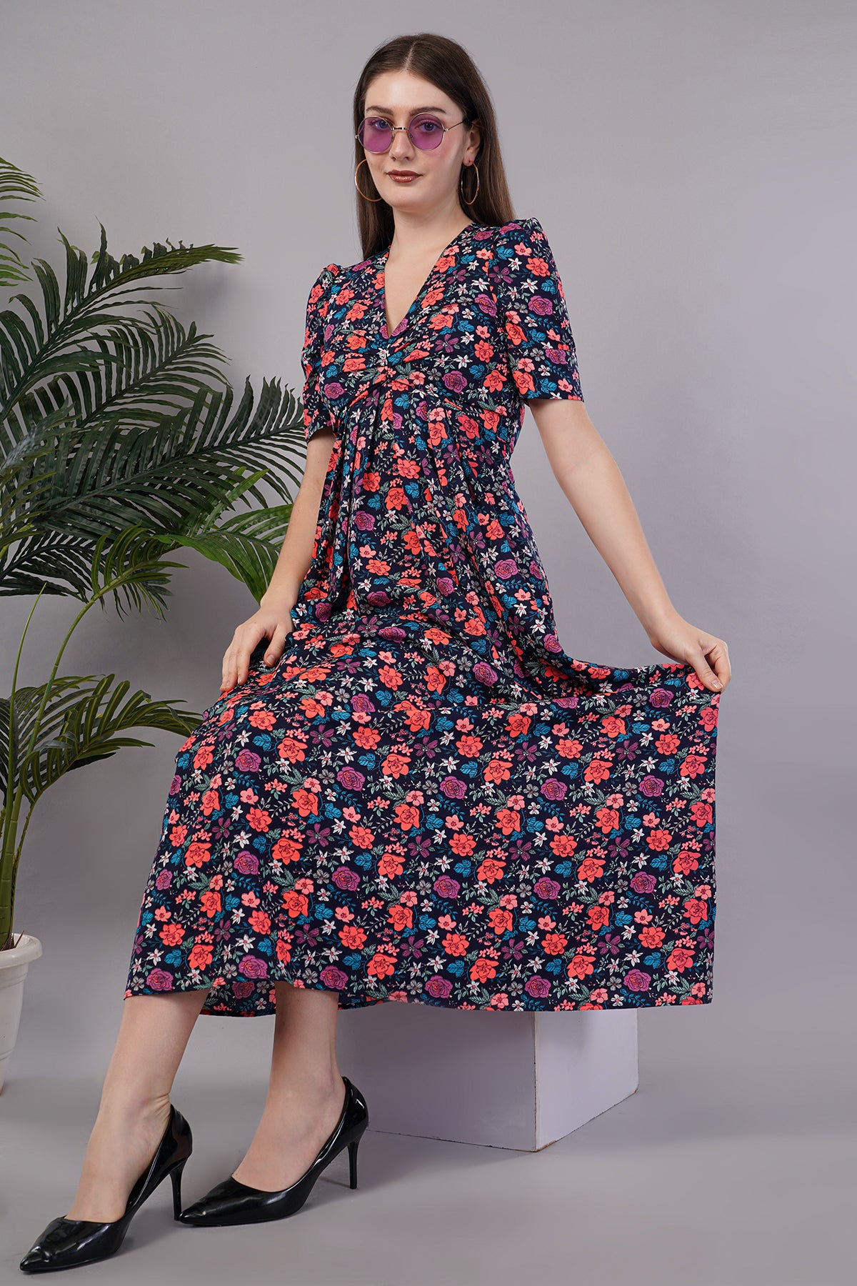 Women Floral Print Fit & Flare Dress with Cut-Outs