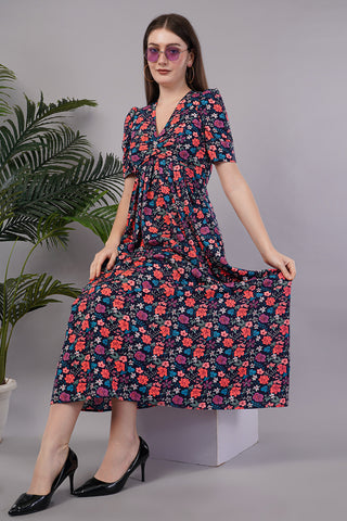 Women Floral Print Fit & Flare Dress with Cut-Outs