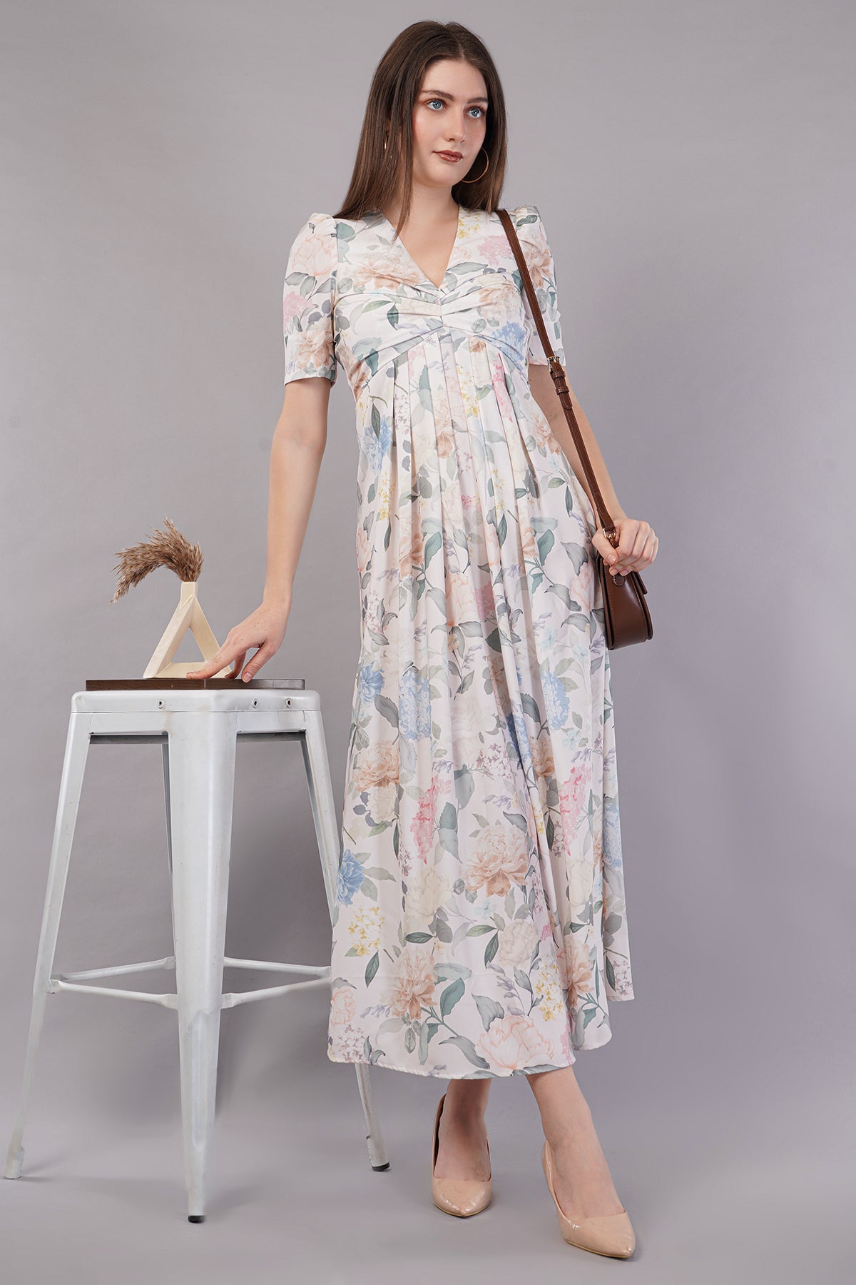 Floral Printed Puff Sleeves Belted A-Line Midi Dress