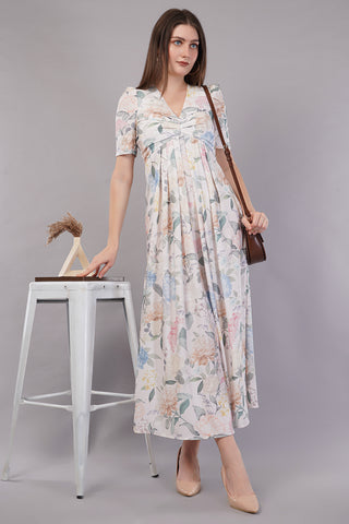 Floral Printed Puff Sleeves Belted A-Line Midi Dress