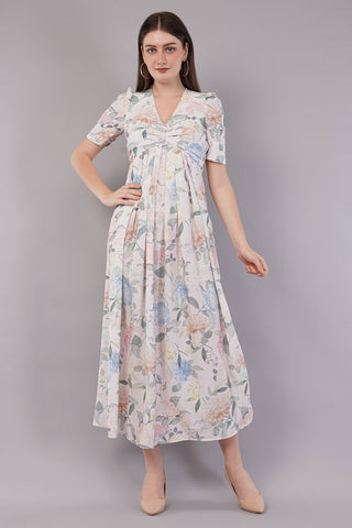 Floral Printed Puff Sleeves Belted A-Line Midi Dress