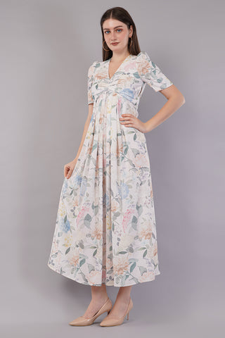 Floral Printed Puff Sleeves Belted A-Line Midi Dress