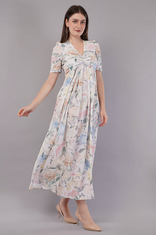 Floral Printed Puff Sleeves Belted A-Line Midi Dress