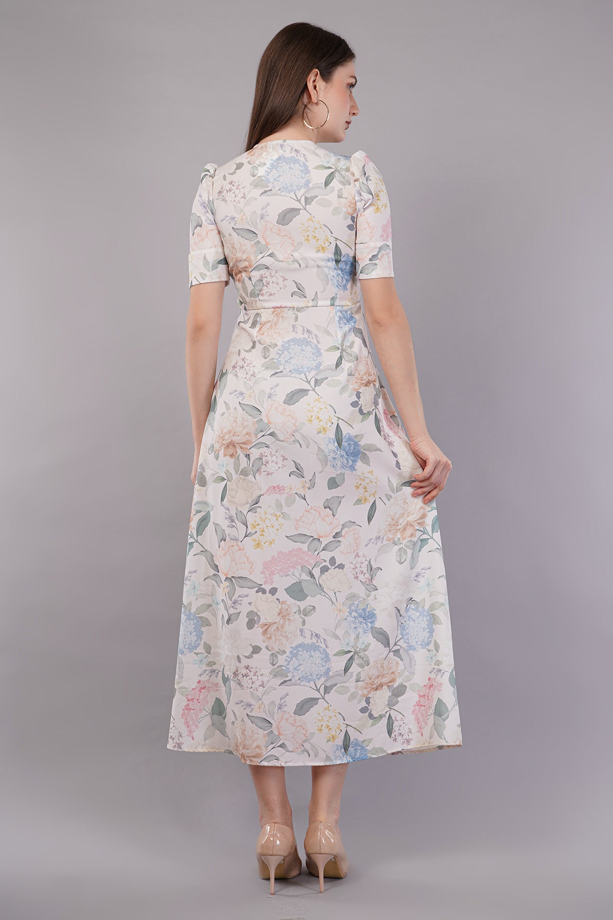 Floral Printed Puff Sleeves Belted A-Line Midi Dress