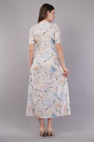 Floral Printed Puff Sleeves Belted A-Line Midi Dress
