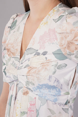 Floral Printed Puff Sleeves Belted A-Line Midi Dress